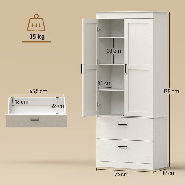 HOMCOM Mobile dispensa da cucina country con ripiani regolabili e 2 cassetti, bianco crema | Aosom Italy