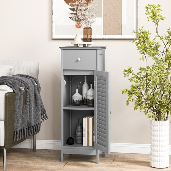 Costway Mobile bagno salvaspazio con cassetto e anta a persiana, Mobiletto multiuso da terra con ripiano regolabile Grigio