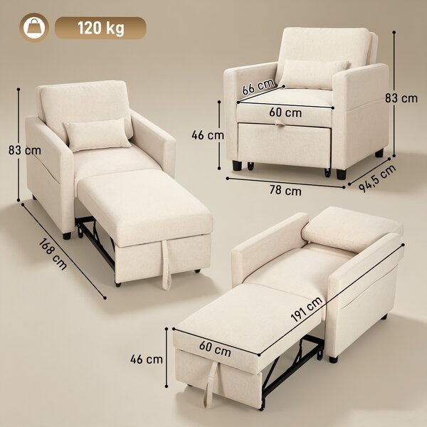 HOMCOM Poltrona Letto 3 in 1 in Tessuto Effetto Lino con Schienale Regolabile, Bianco Crema | Aosom Italy