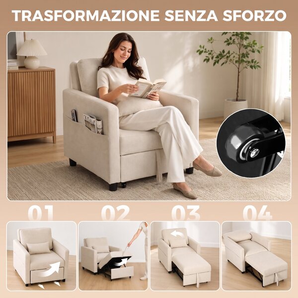 HOMCOM Poltrona Letto 3 in 1 in Tessuto Effetto Lino con Schienale Regolabile, Bianco Crema | Aosom Italy
