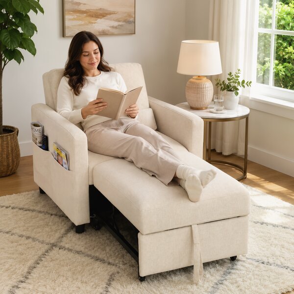 HOMCOM Poltrona Letto 3 in 1 in Tessuto Effetto Lino con Schienale Regolabile, Bianco Crema | Aosom Italy