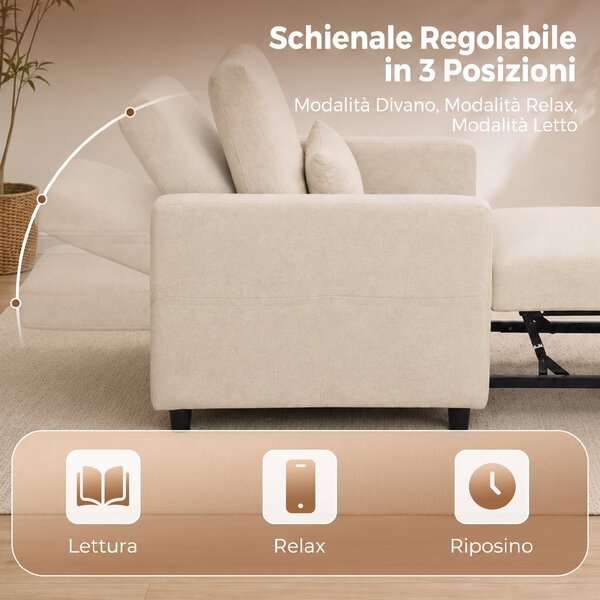 HOMCOM Poltrona Letto 3 in 1 in Tessuto Effetto Lino con Schienale Regolabile, Bianco Crema | Aosom Italy