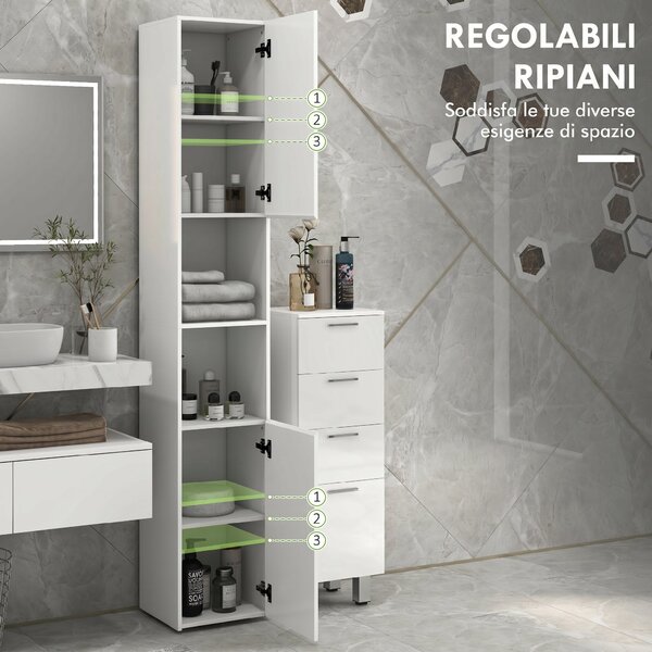 Kleankin Colonna bagno slim con ripiani e 2 armadietti, 30x30x181,5 cm, bianco | Aosom Italy