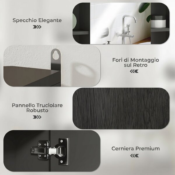 HOMCOM Armadietto con specchio, 3 ripiani laterali e ripiano interno, 60x14,5x49,4 cm | Aosom Italy