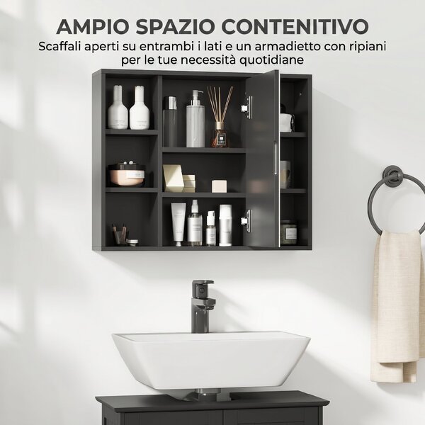 HOMCOM Armadietto con specchio, 3 ripiani laterali e ripiano interno, 60x14,5x49,4 cm | Aosom Italy