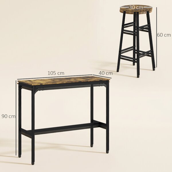 HOMCOM Set Tavolo Alto e 2 Sgabelli da Bar con Poggiapiedi Stile Industriale, Nero e Marrone | Aosom Italy