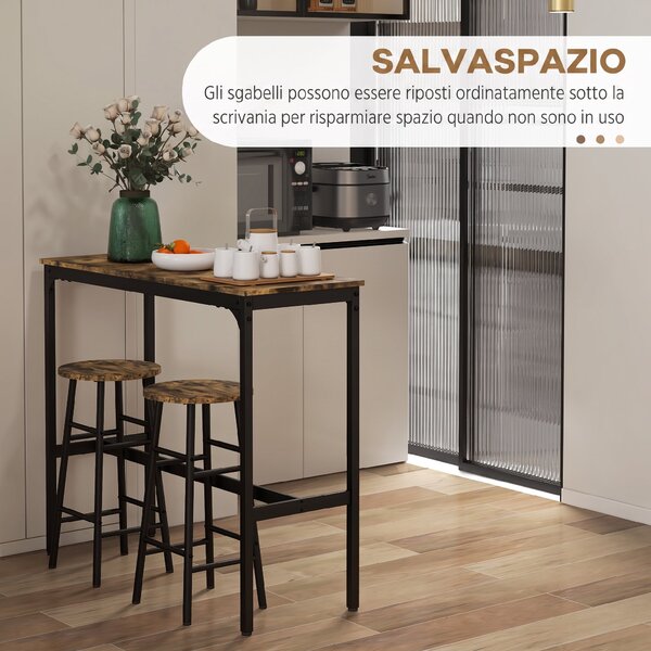 HOMCOM Set Tavolo Alto e 2 Sgabelli da Bar con Poggiapiedi Stile Industriale, Nero e Marrone | Aosom Italy