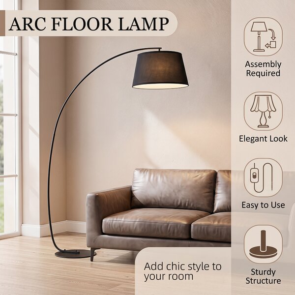 HOMCOM Lampada da Terra con Paralume Rivestito in Tessuto e Base in Metallo, Interruttore a Pedale, Φ47 x 105 x 190cm, Nera|Aosom