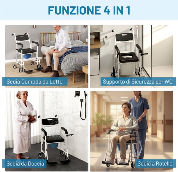 HOMCOM Sedia a Rotelle con WC Impermeabile 4 in 1 con Poggiapiedi Ribaltabili, in Alluminio e Plastica, Nero