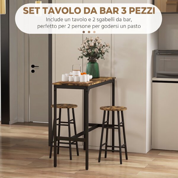 HOMCOM Set Tavolo Alto e 2 Sgabelli da Bar con Poggiapiedi Stile Industriale, Nero e Marrone | Aosom Italy