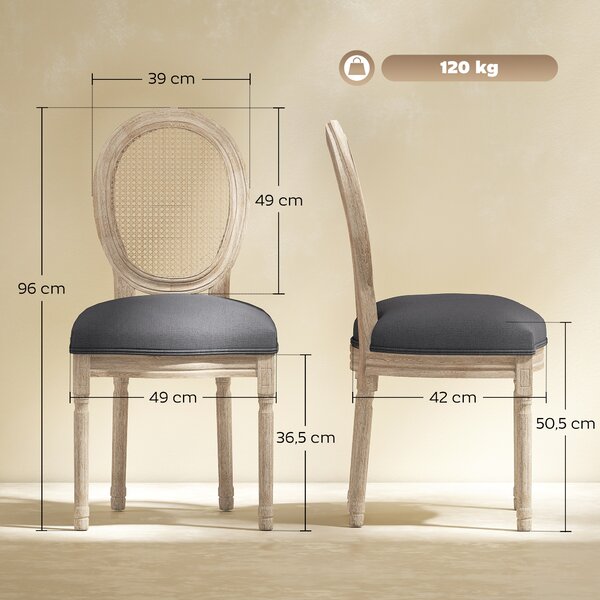HOMCOM Set di 2 Sedie Sala da Pranzo in Tessuto Effetto Lino con Schienale in Rattan Traforato, Gambe in Legno, Grigio | Aosom Italy