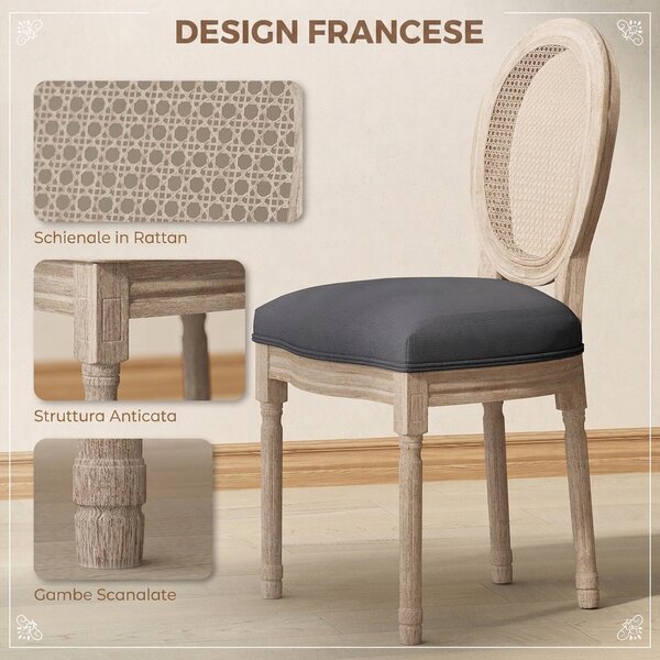 HOMCOM Set di 2 Sedie Sala da Pranzo in Tessuto Effetto Lino con Schienale in Rattan Traforato, Gambe in Legno, Grigio | Aosom Italy