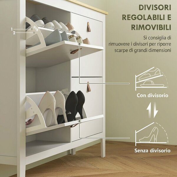 HOMCOM Scarpiera Slim 4 Cassetti per 20 Paia di Scarpe Taglia EU44 e Ripiani Regolabili, 105x24x95.5cm, Bianco | Aosom Italy