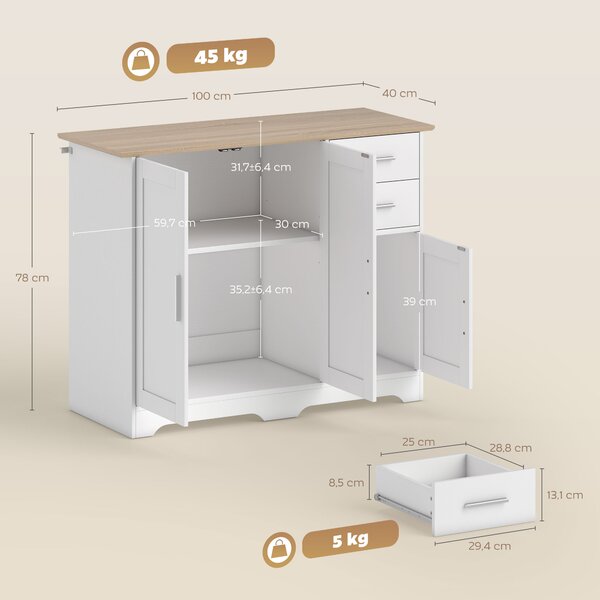 HOMCOM Credenza Moderna in Legno con 2 Cassetti e 2 Armadietti, 100x40x78 cm, Bianco e color Legno | Aosom Italy