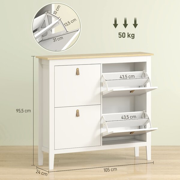 HOMCOM Scarpiera Slim 4 Cassetti per 20 Paia di Scarpe Taglia EU44 e Ripiani Regolabili, 105x24x95.5cm, Bianco | Aosom Italy