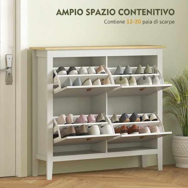 HOMCOM Scarpiera Slim 4 Cassetti per 20 Paia di Scarpe Taglia EU44 e Ripiani Regolabili, 105x24x95.5cm, Bianco | Aosom Italy