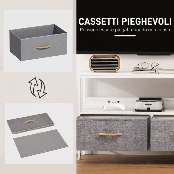 HOMCOM Mobile Porta TV da 47" con Cassetti Pieghevoli in Tessuto e Mensola in Metallo e MDF, 98x29x56 cm, Bianco | Aosom Italy