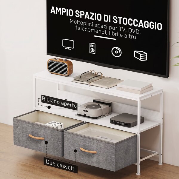 HOMCOM Mobile Porta TV da 47" con Cassetti Pieghevoli in Tessuto e Mensola in Metallo e MDF, 98x29x56 cm, Bianco | Aosom Italy