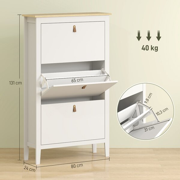 HOMCOM Scarpiera Slim 3 Cassetti per 21 Paia di Scarpe Taglia EU44 e Ripiani Regolabili, 80x24x131cm, Bianco | Aosom Italy