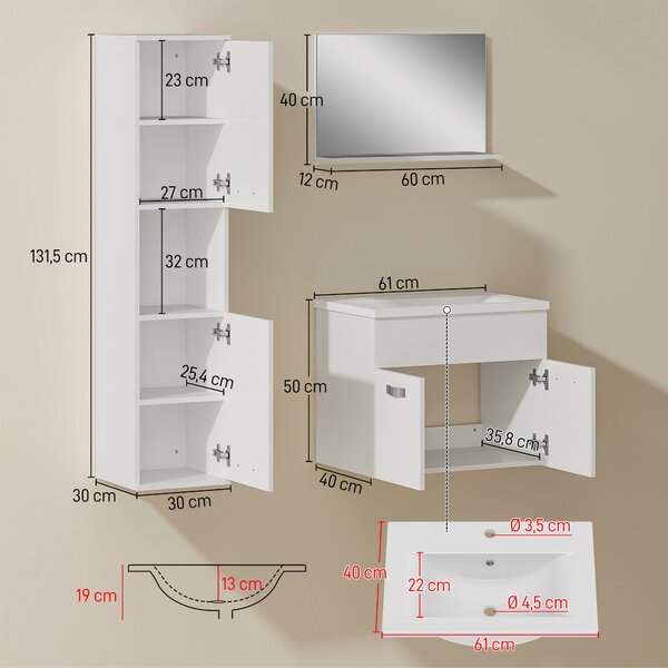 Kleankin Set Mobili Bagno da 4 Pezzi con Lavabo da 60cm in Ceramica, Mobiletto Bagno, Colonna Bagno e Specchiera, Bianco Effetto Legno Goffrato | Aosom Italy