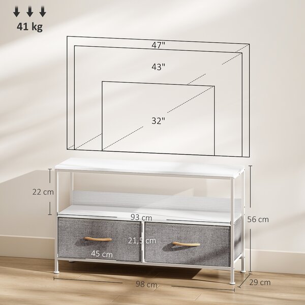 HOMCOM Mobile Porta TV da 47" con Cassetti Pieghevoli in Tessuto e Mensola in Metallo e MDF, 98x29x56 cm, Bianco | Aosom Italy