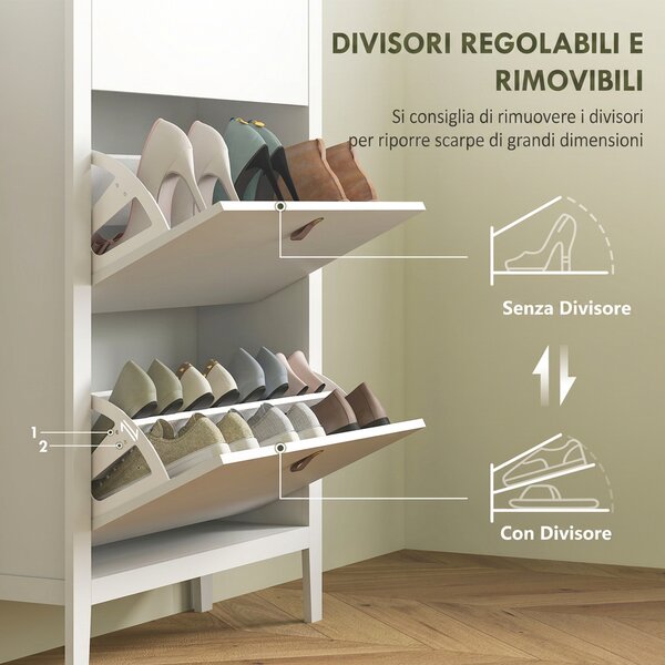 HOMCOM Scarpiera Slim 3 Cassetti per 21 Paia di Scarpe Taglia EU44 e Ripiani Regolabili, 80x24x131cm, Bianco | Aosom Italy