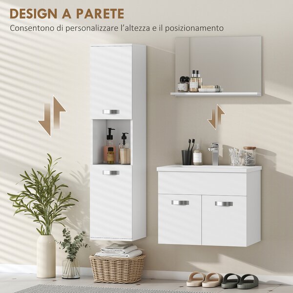 Kleankin Set Mobili Bagno da 4 Pezzi con Lavabo da 60cm in Ceramica, Mobiletto Bagno, Colonna Bagno e Specchiera, Bianco Effetto Legno Goffrato | Aosom Italy