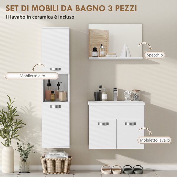 Kleankin Set Mobili Bagno da 4 Pezzi con Lavabo da 60cm in Ceramica, Mobiletto Bagno, Colonna Bagno e Specchiera, Bianco Effetto Legno Goffrato | Aosom Italy