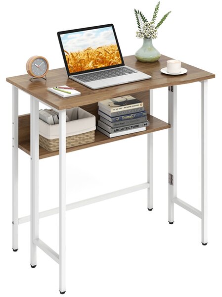 Costway Scrivania computer pieghevole con ripiano e poggiapiedi in legno e acciaio, Scrivania salvaspazio postazione di lavoro per studio e uffico Naturale
