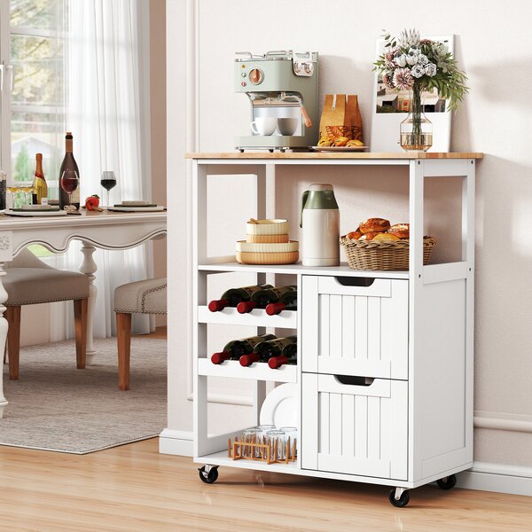 Costway Carrello da cucina salvaspazio su ruote per sala da pranzo soggiorno e bar, Carrello da servizio con portabottiglie Bianco