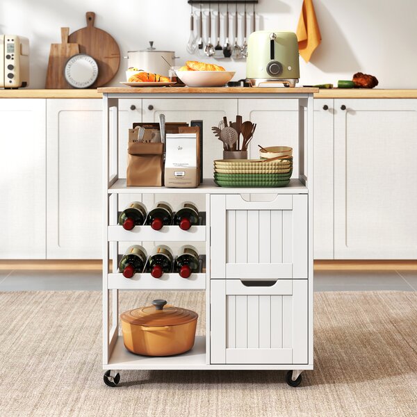 Costway Carrello da cucina salvaspazio su ruote per sala da pranzo soggiorno e bar, Carrello da servizio con portabottiglie Bianco