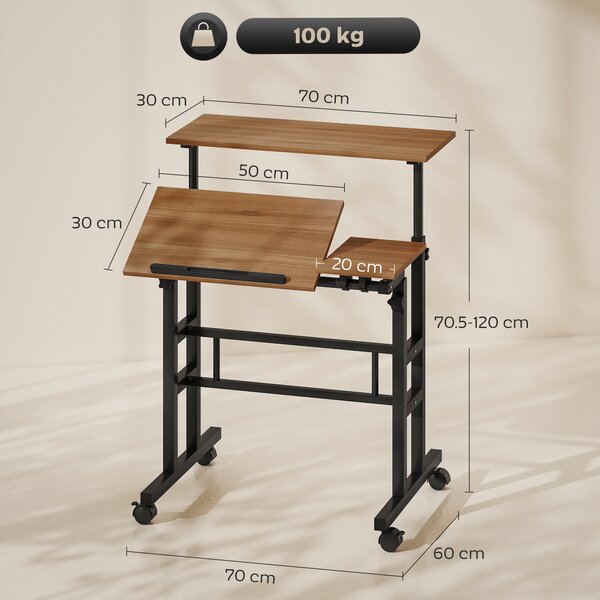 HOMCOM Scrivania da Seduto Regolabile con Piano Inclinabile e Telaio in metallo, 70x60x120 cm, Marrone | Aosom Italy