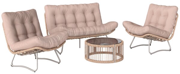 Outsunny Set di Mobili da Giardino 4 Pezzi con Divano 2 Posti, 2 Poltrone, Tavolo con Piano in Vetro, Sseduta Larga e Profonda, Cuscini Spessi | Aosom Italy