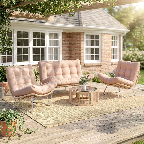 Outsunny Set di Mobili da Giardino 4 Pezzi con Divano 2 Posti, 2 Poltrone, Tavolo con Piano in Vetro, Sseduta Larga e Profonda, Cuscini Spessi | Aosom Italy
