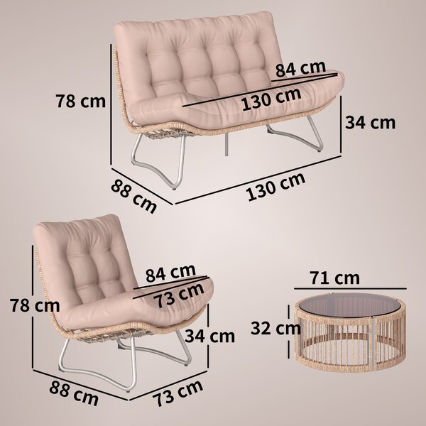 Outsunny Set di Mobili da Giardino 4 Pezzi con Divano 2 Posti, 2 Poltrone, Tavolo con Piano in Vetro, Sseduta Larga e Profonda, Cuscini Spessi | Aosom Italy