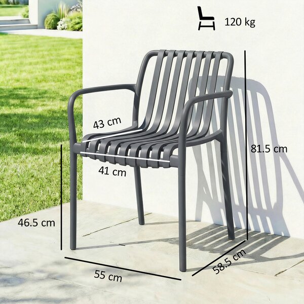 Outsunny Set 4 Sedie Ergonomiche da Giardino Impilabili per Terrazza con Design a Doghe e Braccioli, Grigio Scuro | Aosom Italy