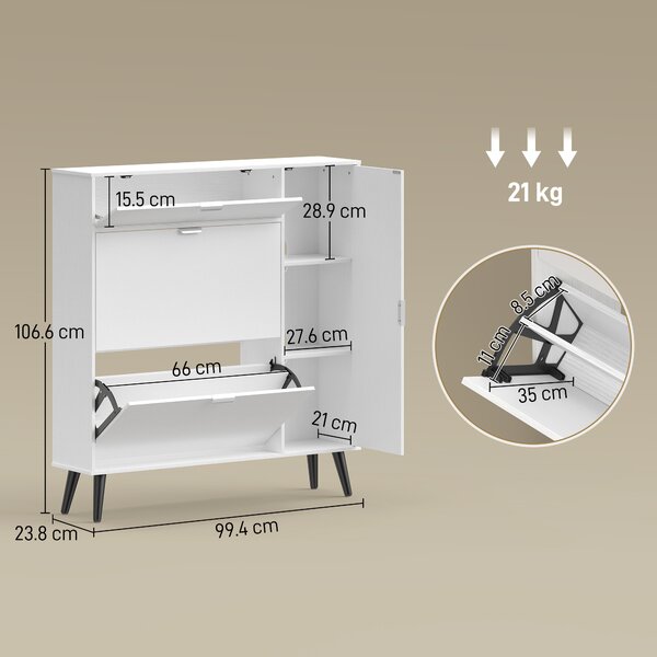 HOMCOM Scarpiera Stretta con 2 Scomparti Ribaltabili, Ante effetto pelle litchi e Ripiani Regolabili, 99,4x23,8x106,6 cm, Bianco | Aosom Italy