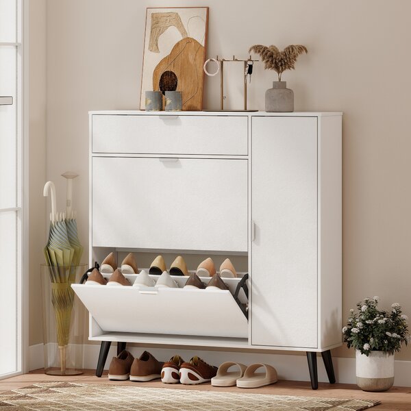 HOMCOM Scarpiera Stretta con 2 Scomparti Ribaltabili, Ante effetto pelle litchi e Ripiani Regolabili, 99,4x23,8x106,6 cm, Bianco | Aosom Italy