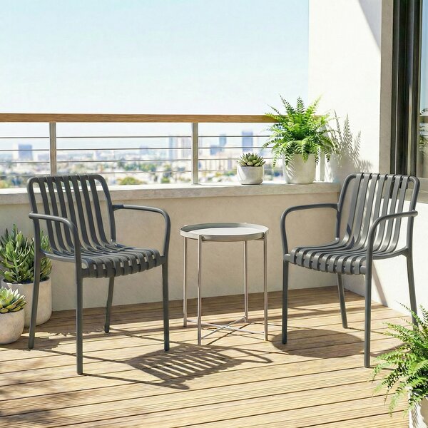 Outsunny Set 4 Sedie Ergonomiche da Giardino Impilabili per Terrazza con Design a Doghe e Braccioli, Grigio Scuro | Aosom Italy