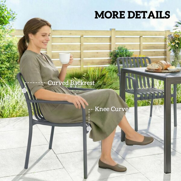 Outsunny Set 4 Sedie Ergonomiche da Giardino Impilabili per Terrazza con Design a Doghe e Braccioli, Grigio Scuro | Aosom Italy