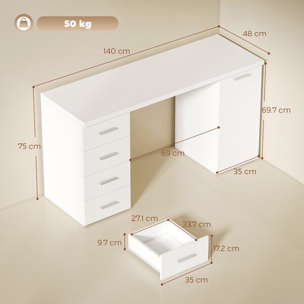 HOMCOM Scrivania per Computer con 4 Cassetti e Armadietto per Studio, 140x48x75 cm, Bianco | Aosom Italy