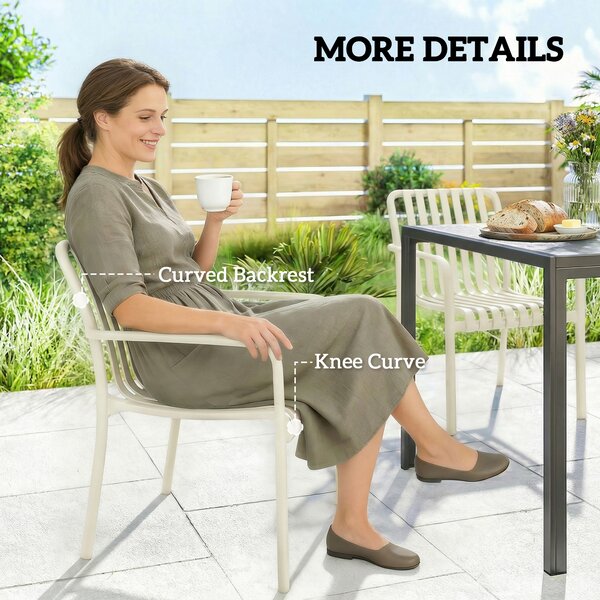 Outsunny Set 4 Sedie Ergonomiche da Giardino Impilabili per Terrazza con Design a Doghe e Braccioli, Bianco Crema | Aosom Italy