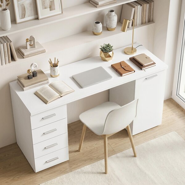 HOMCOM Scrivania per Computer con 4 Cassetti e Armadietto per Studio, 140x48x75 cm, Bianco | Aosom Italy
