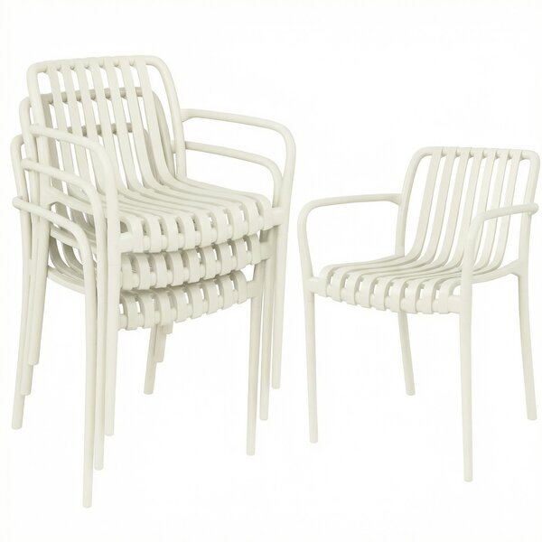 Outsunny Set 4 Sedie Ergonomiche da Giardino Impilabili per Terrazza con Design a Doghe e Braccioli, Bianco Crema | Aosom Italy