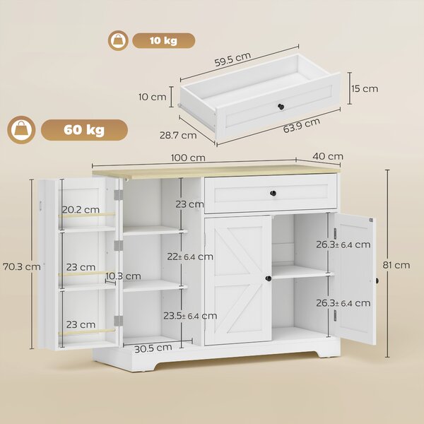 HOMCOM Credenza da Cucina con Ante Scorrevoli, Mobile con 1 Cassetto e 2 Ripiani Regolabili, 100x40x81 cm, Bianco | Aosom Italy