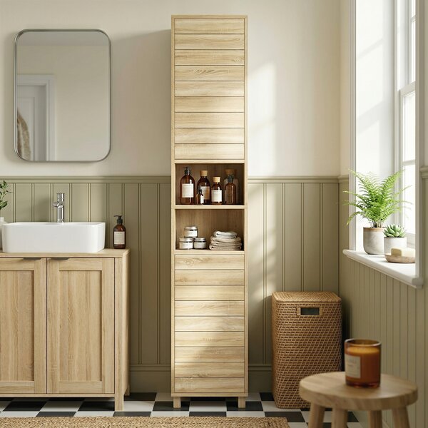 HOMCOM Armadio Alto da Bagno a Colonna con Ripiani Regolabili e Ante a lamelle apertura a pressione, 34x23x170 cm, Legno Naturale | Aosom Italy