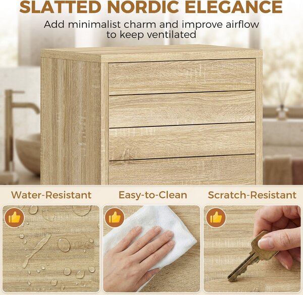 HOMCOM Armadio Alto da Bagno a Colonna con Ripiani Regolabili e Ante a lamelle apertura a pressione, 34x23x170 cm, Legno Naturale | Aosom Italy