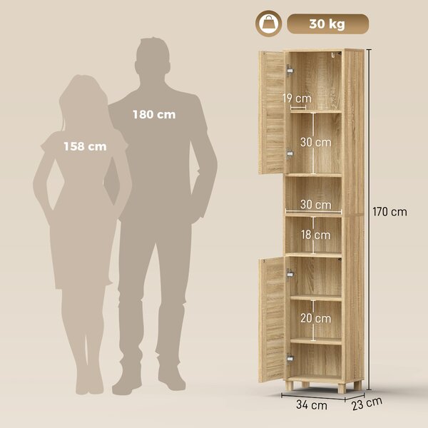 HOMCOM Armadio Alto da Bagno a Colonna con Ripiani Regolabili e Ante a lamelle apertura a pressione, 34x23x170 cm, Legno Naturale | Aosom Italy