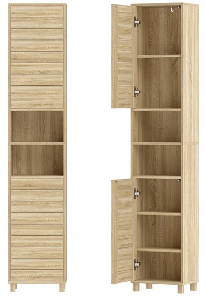 HOMCOM Armadio Alto da Bagno a Colonna con Ripiani Regolabili e Ante a lamelle apertura a pressione, 34x23x170 cm, Legno Naturale | Aosom Italy