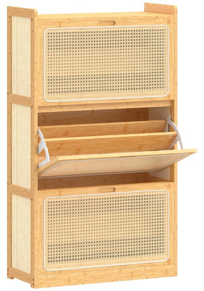 HOMCOM Scarpiera Stretta in Bambù per 18-21 Paia di Scarpe, 3 Cassetti a Ribalta in Rattan, 69x29x119,8 cm, Naturale | Aosom Italy